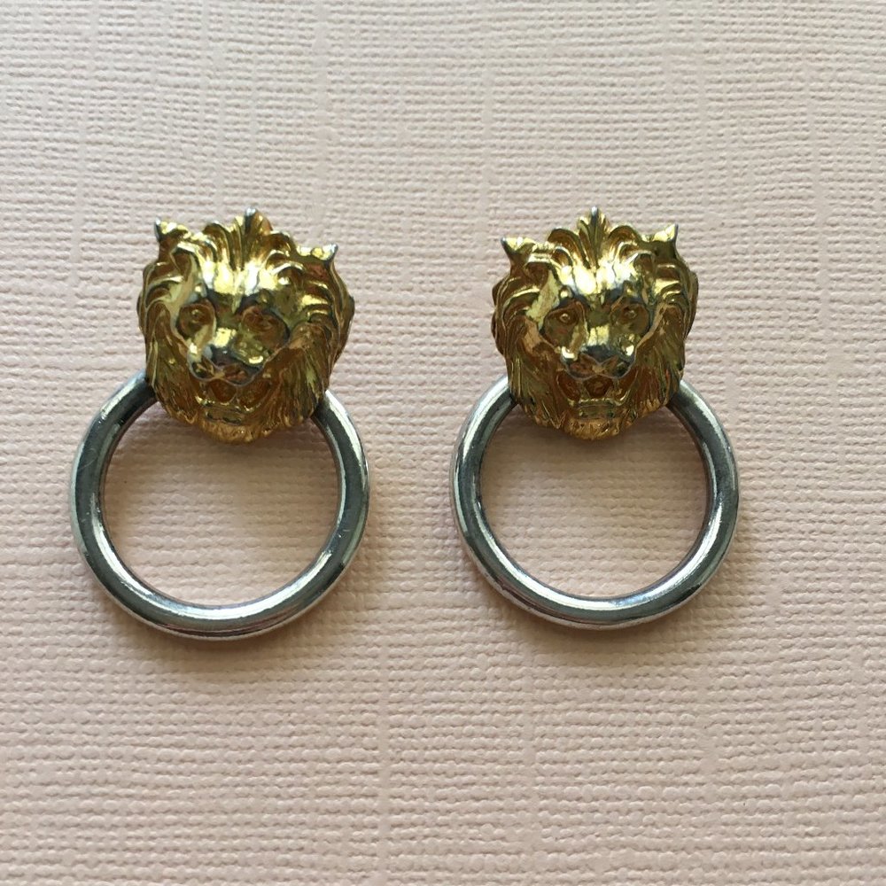 Lion Silver & Gold Statement Earrings Vintage GUC